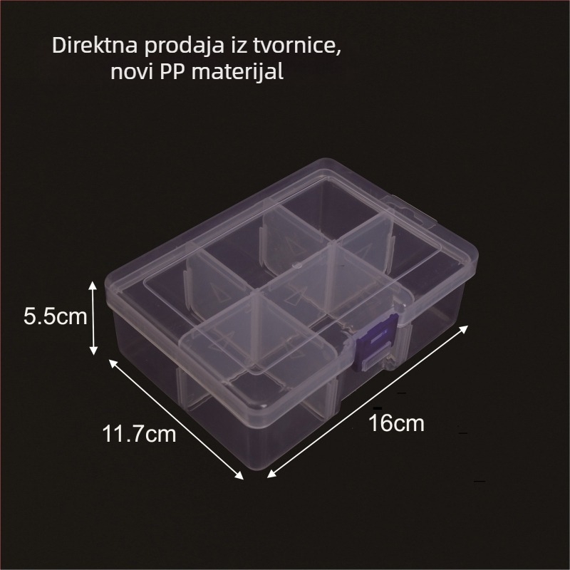 Prozirna plastična kutija za skladištenje s šest odjeljaka za elektroničke komponente, PP materijal, s poklopcem
