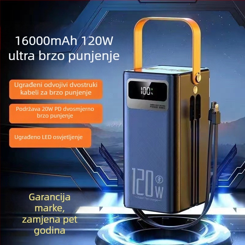 Vanjska power banka 120W brzog punjenja, kapaciteta 200000 mAh, s ugrađenim kabelom, za prijenos uživo na otvorenom