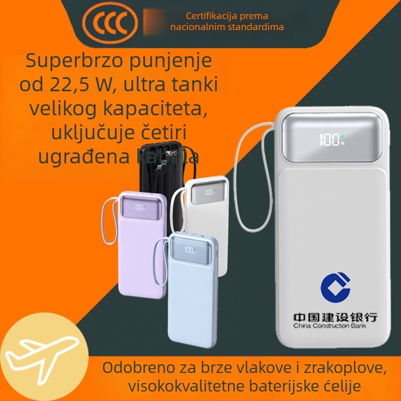3C certificirani Power Bank s brzim punjenjem, velikim kapacitetom, prijenosan, s uključenim kabelom, pogodan za let, mogućnost prilagođavanja logotipa