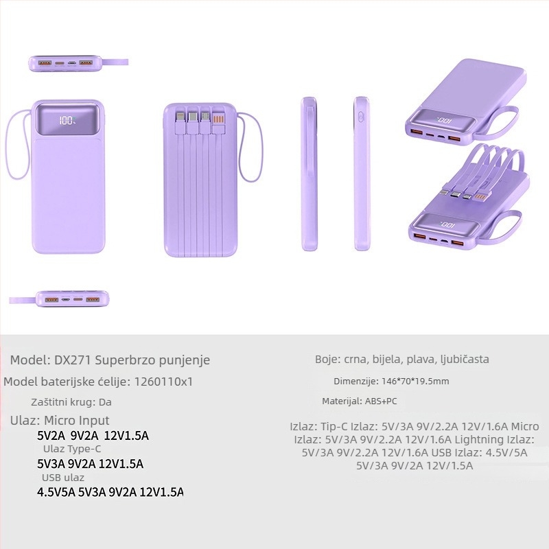 3C certificirani Power Bank s brzim punjenjem, velikim kapacitetom, prijenosan, s uključenim kabelom, pogodan za let, mogućnost prilagođavanja logotipa