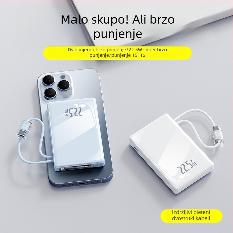 Power banka 10000 mAh s ugrađenim platnenim kabelom, za vanjsku upotrebu, digitalni LCD zaslon, brzo punjenje PD 3.0