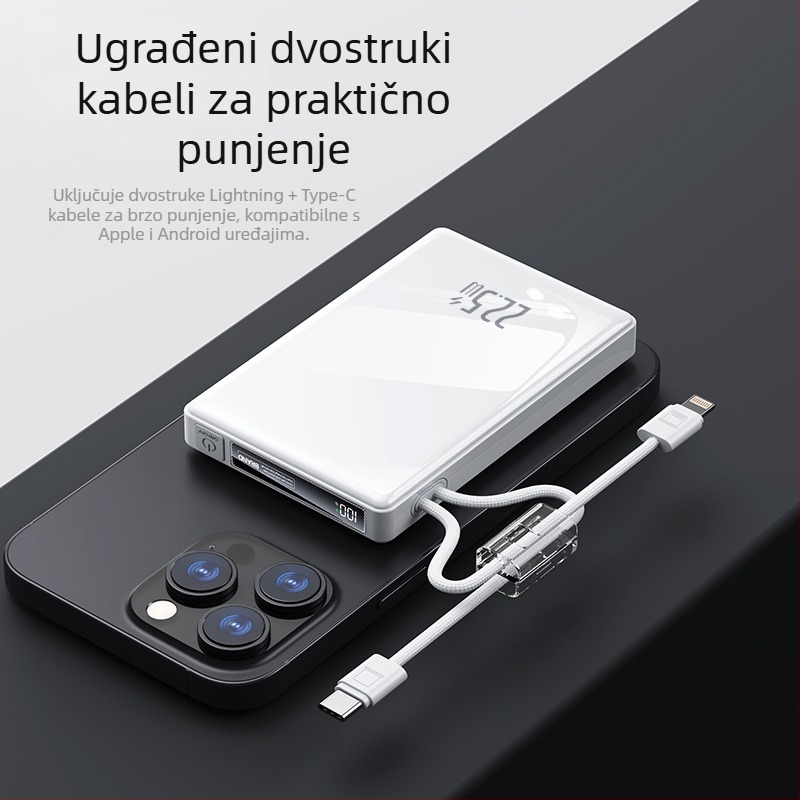Power banka 10000 mAh s ugrađenim platnenim kabelom, za vanjsku upotrebu, digitalni LCD zaslon, brzo punjenje PD 3.0