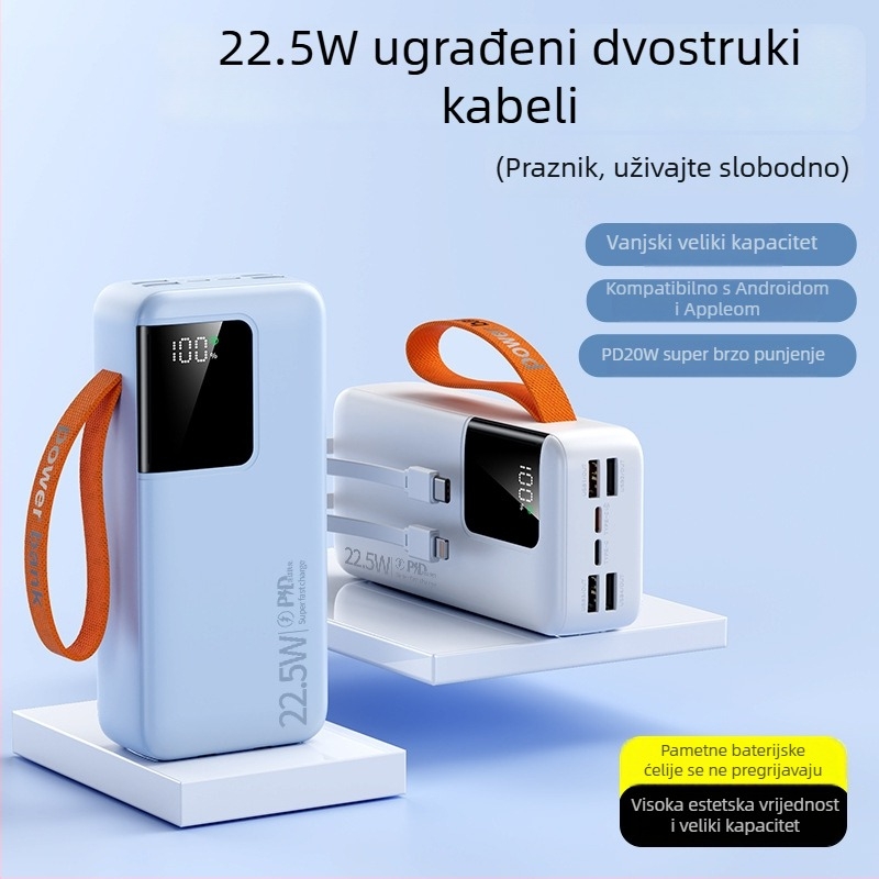 Power banka 50000mAh s velikim kapacitetom, digitalni zaslon, ugrađen kabel, brzo punjenje 22,5W