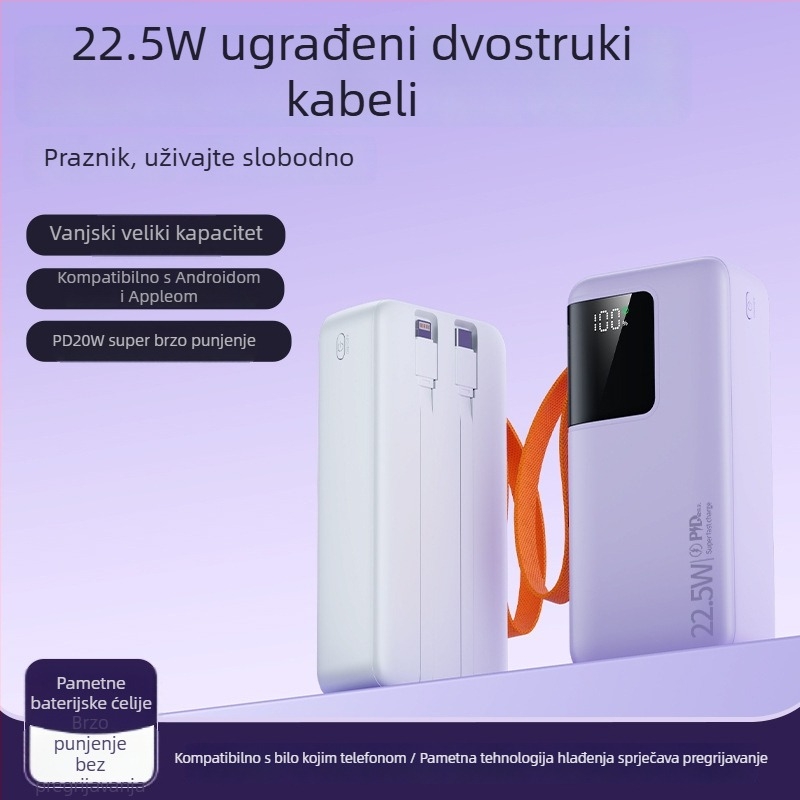 Power banka 50000mAh s velikim kapacitetom, digitalni zaslon, ugrađen kabel, brzo punjenje 22,5W