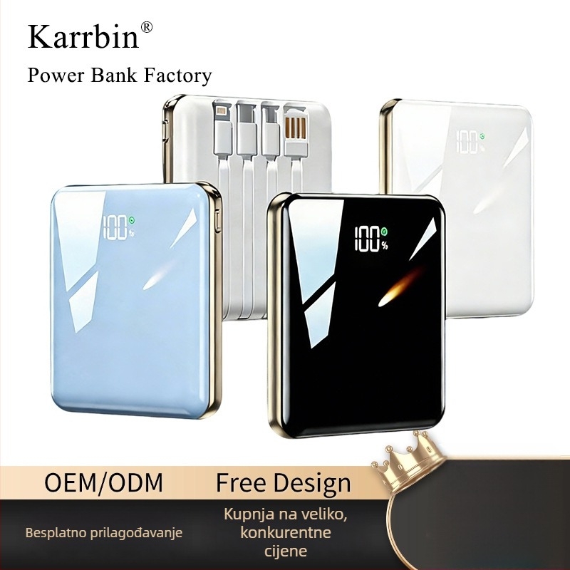 10000mAh ultra-tanki prijenosni powerbank sa četiri ugrađena kabla i PD brzo punjenje
