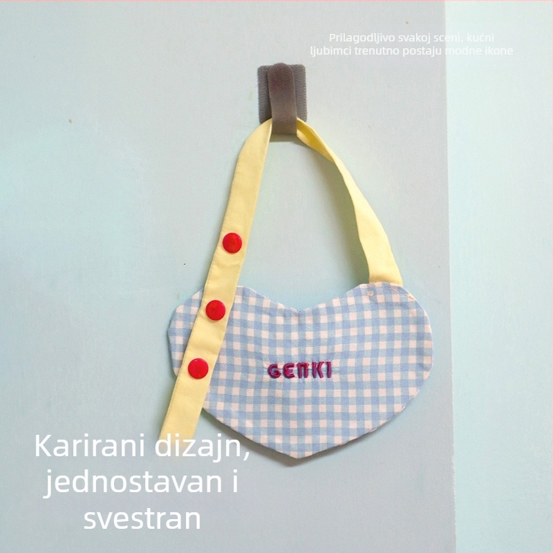 Bib za kućne ljubimce s srcolastim kariranim uzorkom, korejski stil, minimalistički dizajn, podesiva, za mačke i pse, otporna na mrlje i jednostavna za pranje