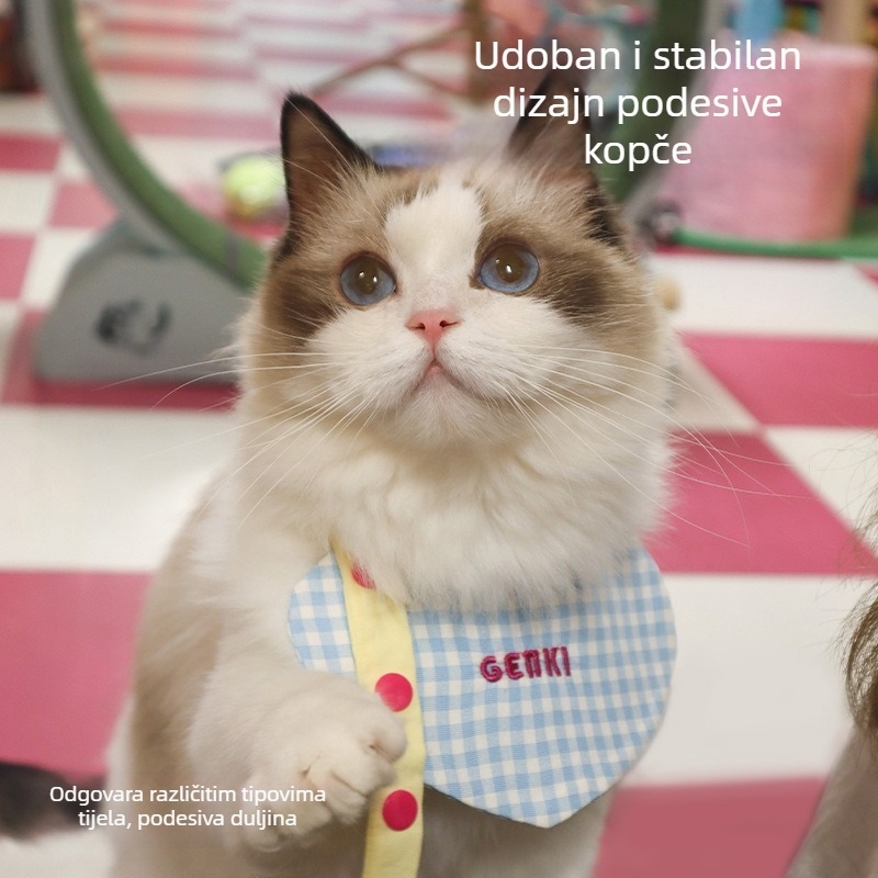 Bib za kućne ljubimce s srcolastim kariranim uzorkom, korejski stil, minimalistički dizajn, podesiva, za mačke i pse, otporna na mrlje i jednostavna za pranje