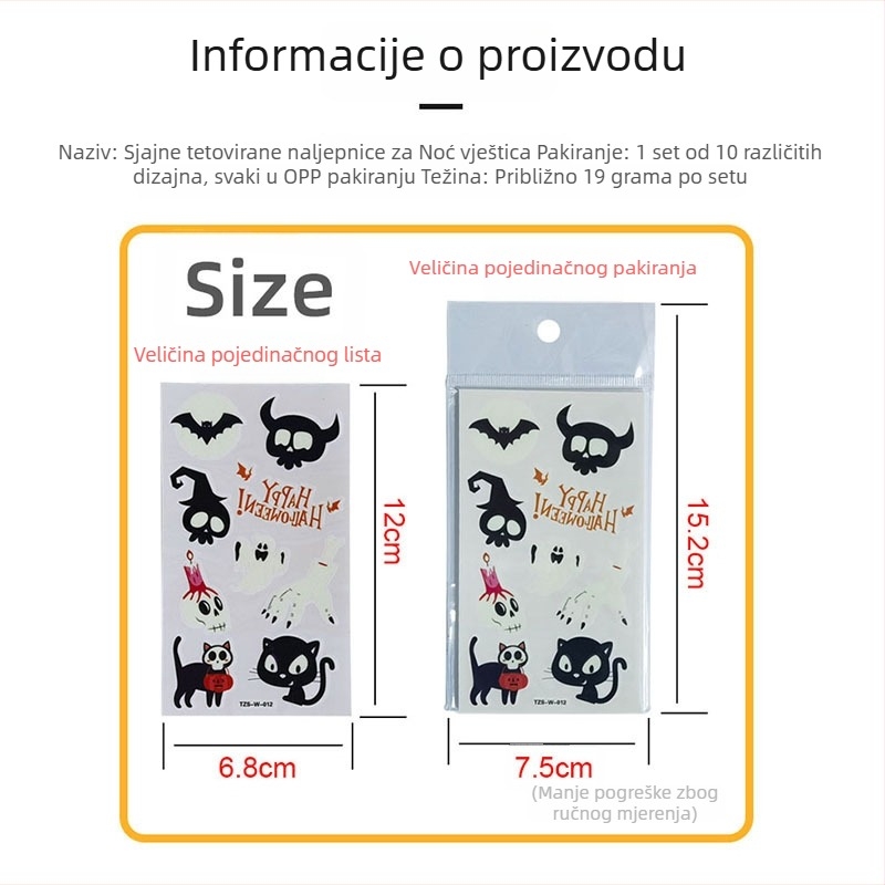 Halloween svjetleće tetovaže za djecu s crtanim motivima, privremene tetovaže s bundevom