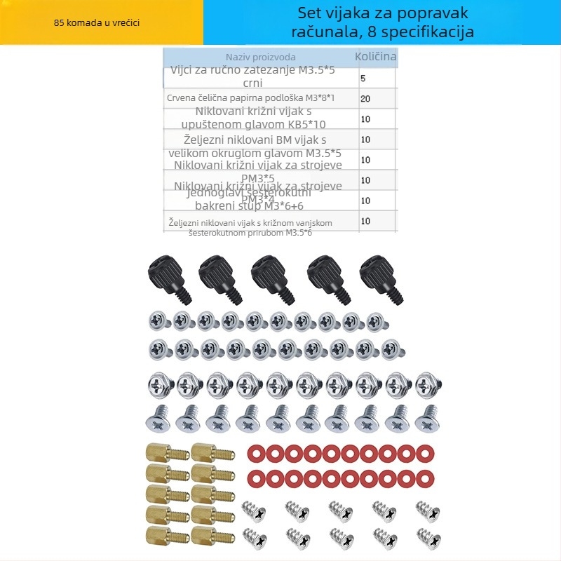 85-dijelni set vijaka za popravak računala, uključuje vijke za matičnu ploču, ventilator, napajanje i grafičku karticu