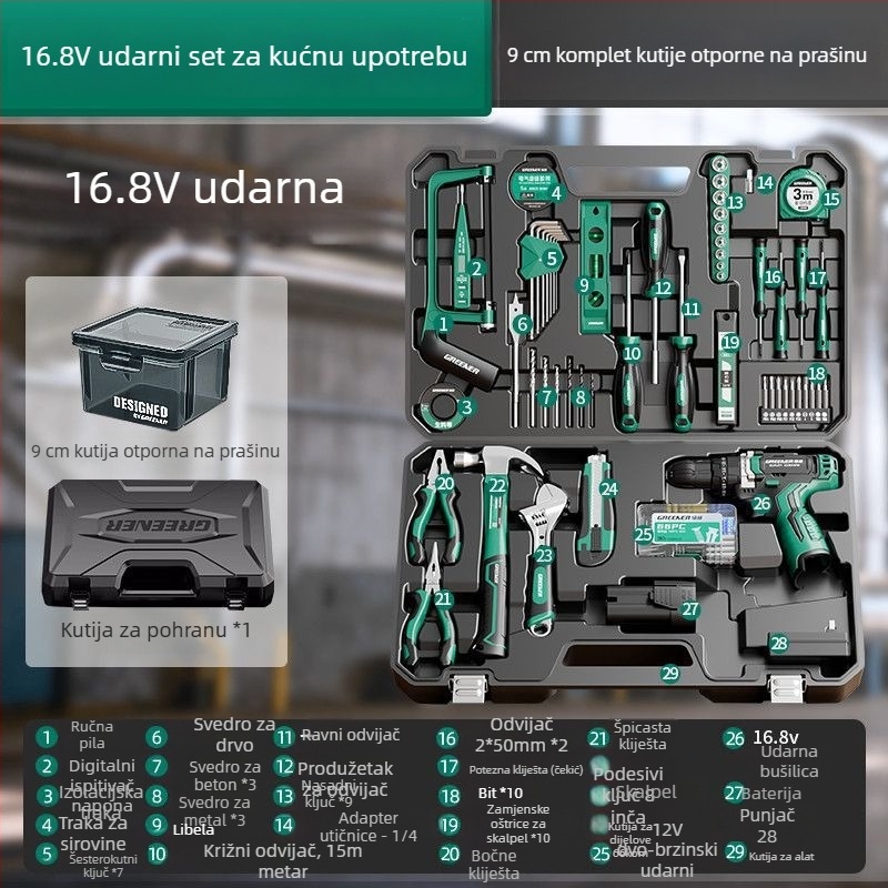 Kutija alata za električnu bušilicu i komplet alata za kućnu upotrebu, električare i stolare