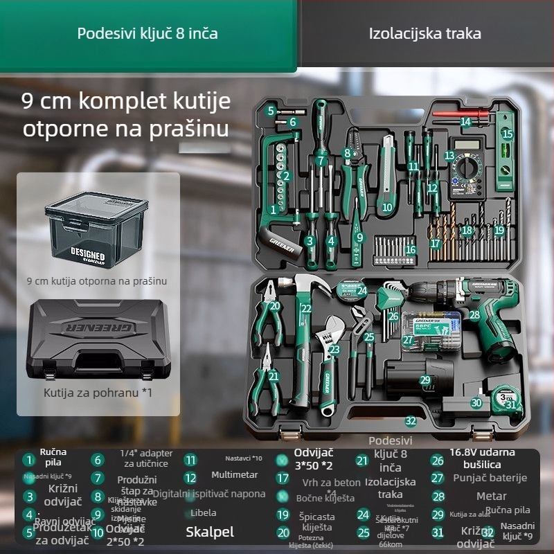 Kutija alata za električnu bušilicu i komplet alata za kućnu upotrebu, električare i stolare