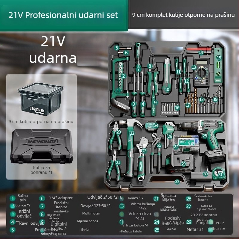 Kutija alata za električnu bušilicu i komplet alata za kućnu upotrebu, električare i stolare