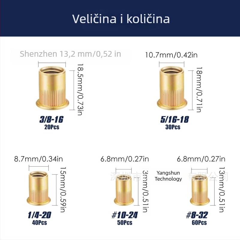 Set od 200 rivet nuts s ravnom glavom i uzdužnim naborom površine, od karbonske čelika, galvanizirano, britanski standard