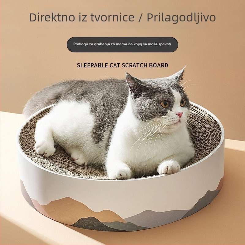 Kombinacija grebala za mačke i kreveta, kružnog oblika, ekstra velikih dimenzija, od valovitog kartona, uspravna ploča