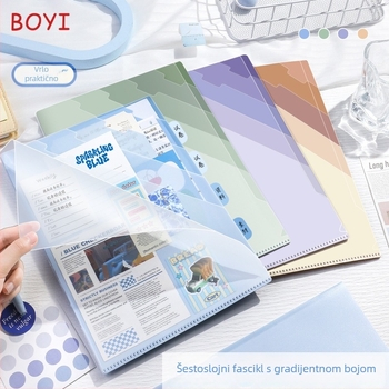 A4 folder za dokumente s gradijentom boje, 6-slojni L-oblik, s prozirnom vrećom za pohranu