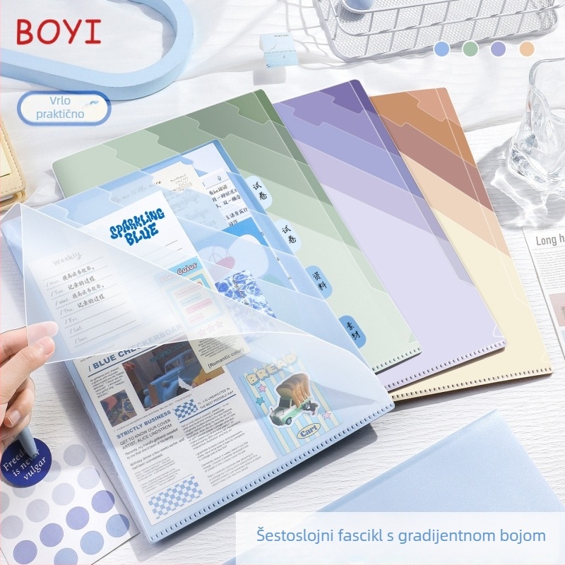 A4 folder za dokumente s gradijentom boje, 6-slojni L-oblik, s prozirnom vrećom za pohranu