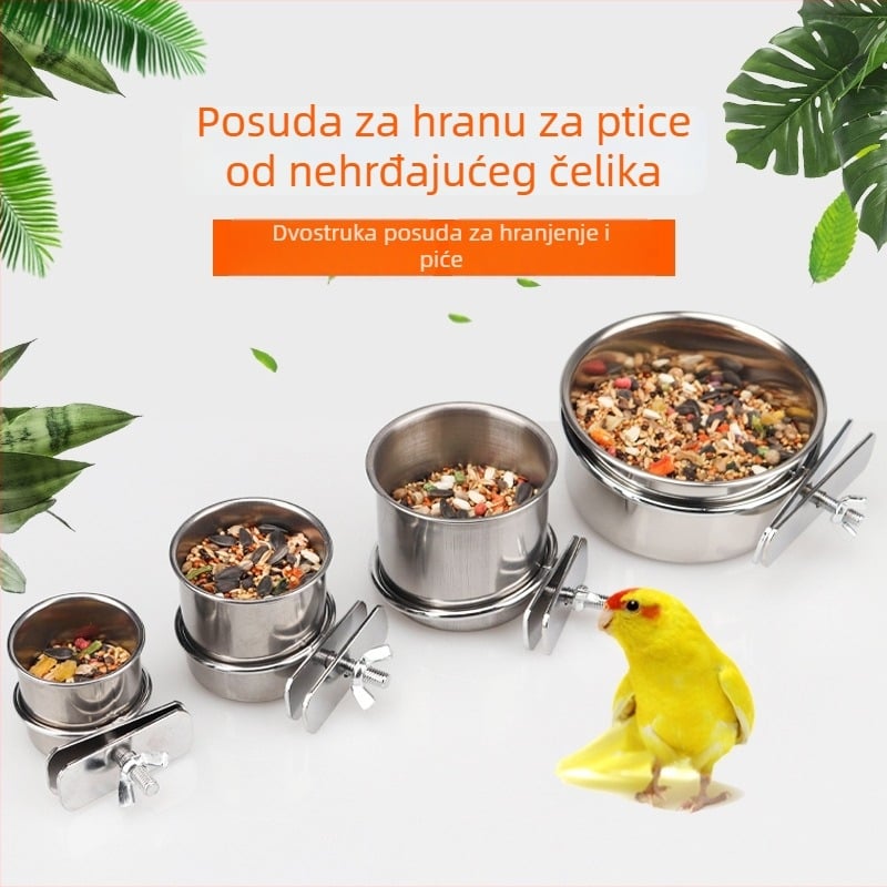 Posuda za hranjenje od nehrđajućeg čelika s klipsom za držač čaše za papagaja u kavezu
