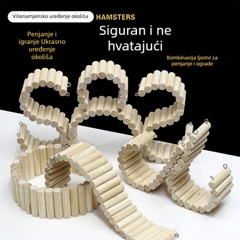 Drvena ograda za hrčke s mekom ljestvicom-igračom, drveni lukasti most i tunel