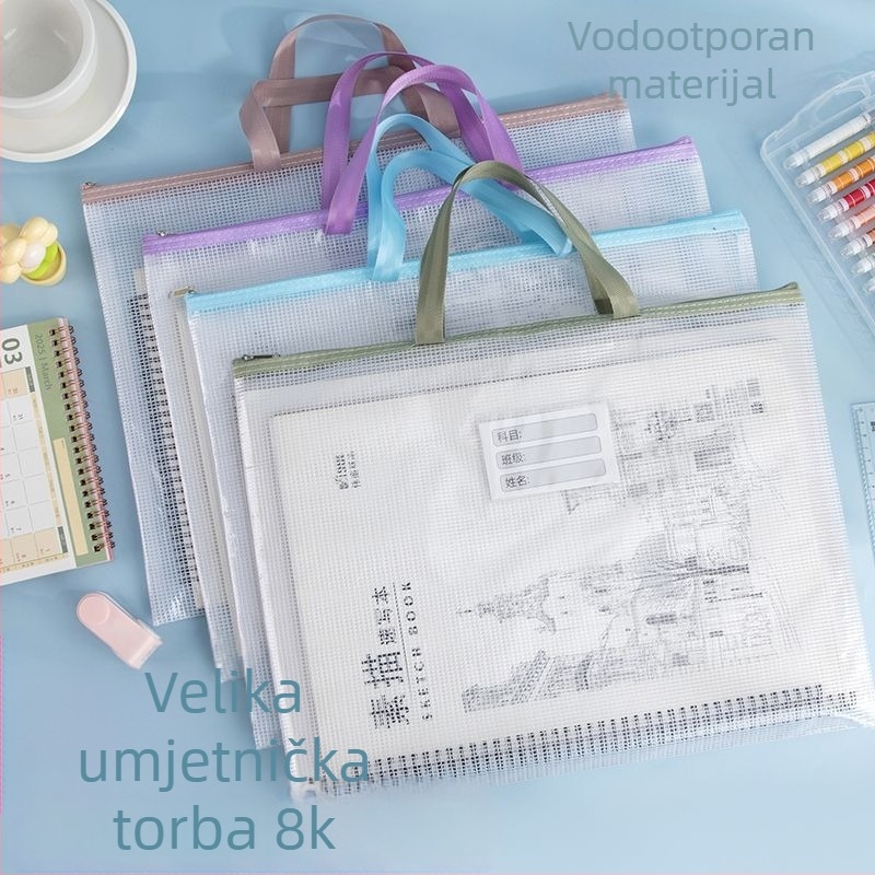 Dvostruka A3 torba za dokumente s prozirnim zatvaračem, mrežasti najlon, za papir za crtanje i školske radove