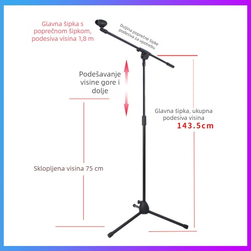 Stativ za mikrofon s trostrukim nogama i podesivom visinom, za live stream i karaoke nastupe