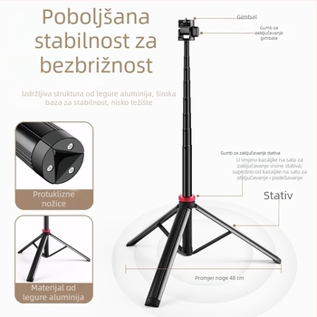 Stativ za podnu upotrebu na otvorenom, visina prilagodljiva u četiri odjeljka do 2 m, ojačana potpora s držačem za telefon, stativ, teleskopski, prenosiv