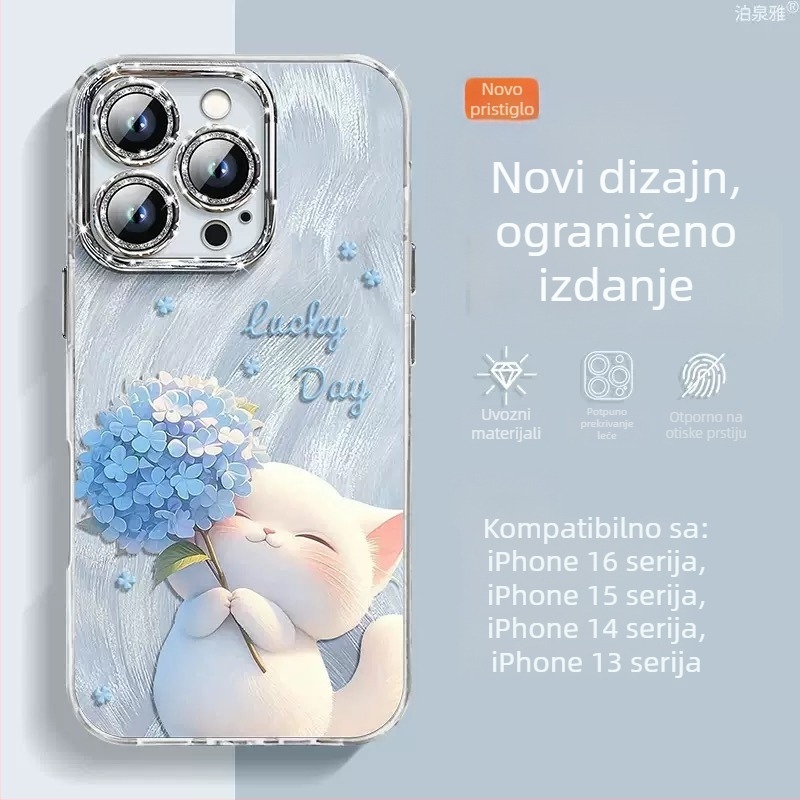 Futrola za iPhone 16 Pro Max i iPhone 14/13 Pro s blistavim perima i slatkim dizajnom mačkice, otpornost na pad