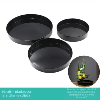 Crna plastična posuda za cvijeće i podložna pločica za stolni hidroponski aranžman — minimalistički set u japansko-kineskom stilu