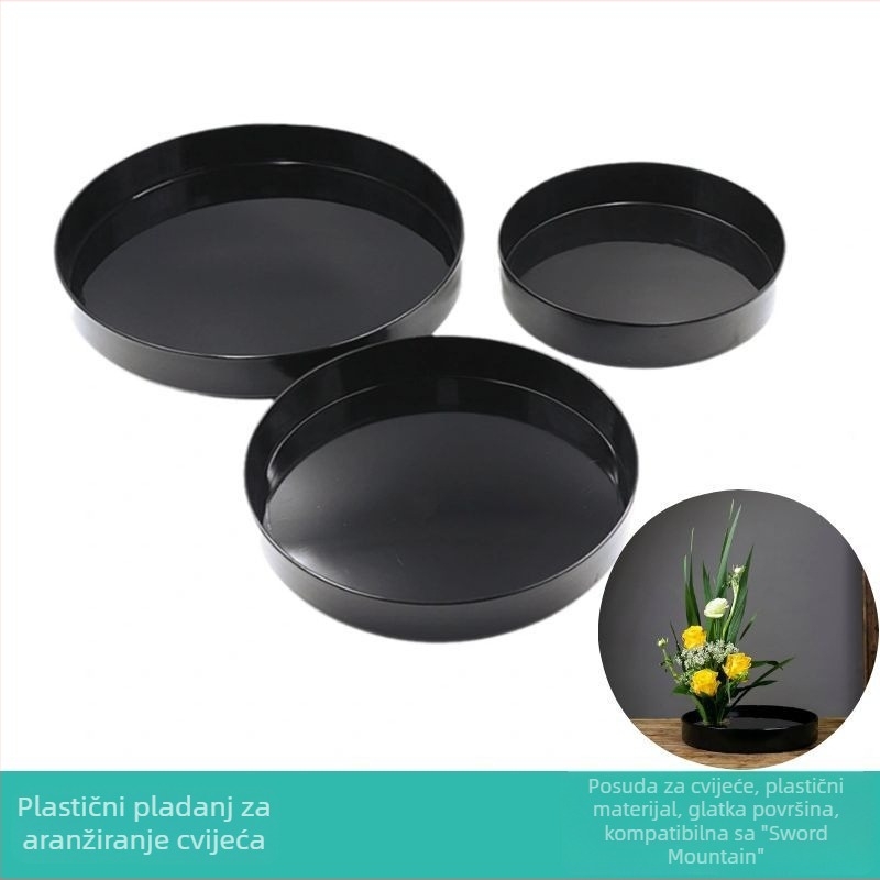 Crna plastična posuda za cvijeće i podložna pločica za stolni hidroponski aranžman — minimalistički set u japansko-kineskom stilu