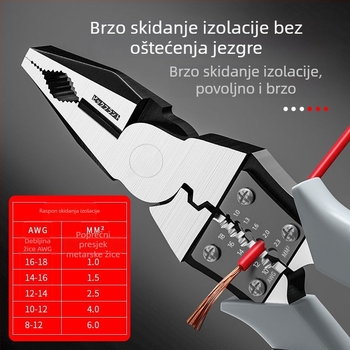 Višenamjenske kliješta za žice: skidanje izolacije i krimpanje, visoka tvrdoća, industrijska klasa, kliješte s oštrim vrhom i mehanizmom zaključavanja