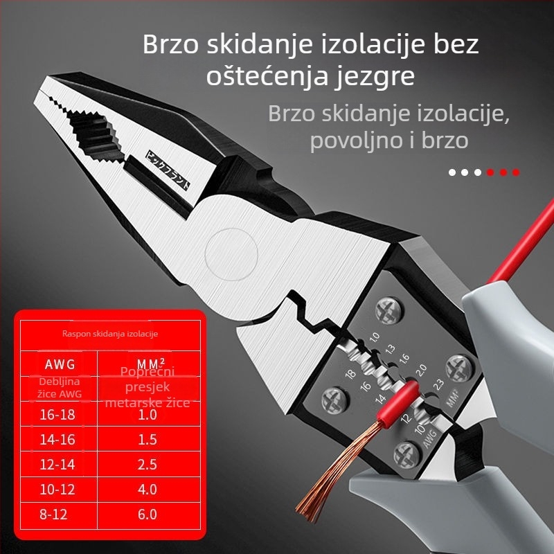 Višenamjenske kliješta za žice: skidanje izolacije i krimpanje, visoka tvrdoća, industrijska klasa, kliješte s oštrim vrhom i mehanizmom zaključavanja