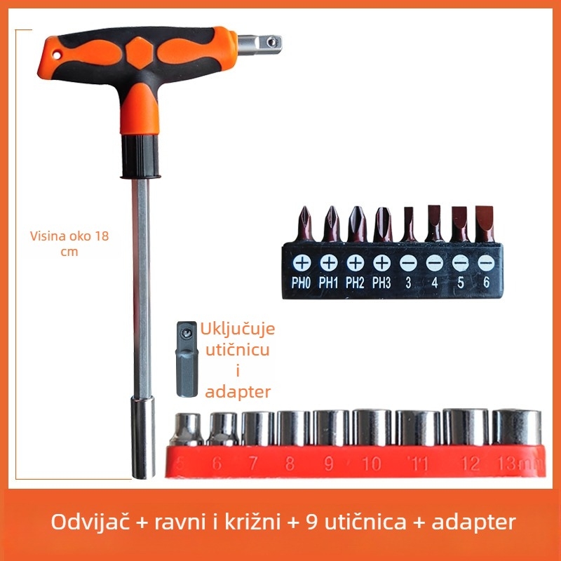 Set šarafciger s T drškom i produženom glavom, s ravnim, Philips, HEX i Torx bitovima te utičnim nastavcima, za kućnu upotrebu