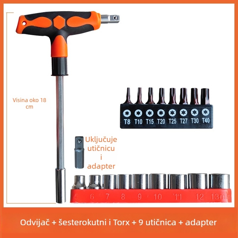 Set šarafciger s T drškom i produženom glavom, s ravnim, Philips, HEX i Torx bitovima te utičnim nastavcima, za kućnu upotrebu