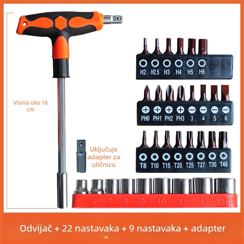 Set šarafciger s T drškom i produženom glavom, s ravnim, Philips, HEX i Torx bitovima te utičnim nastavcima, za kućnu upotrebu