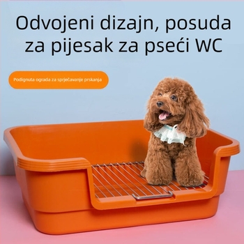 Toalet za pse s plastičnom posudom i metalnom mrežnom konstrukcijom, sprječava prskanje i izlijevanje, pogodna za male i srednje pse.