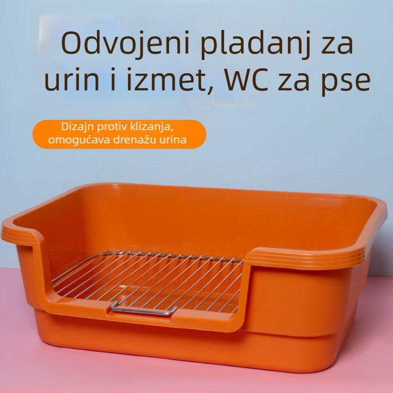 Toalet za pse s plastičnom posudom i metalnom mrežnom konstrukcijom, sprječava prskanje i izlijevanje, pogodna za male i srednje pse.
