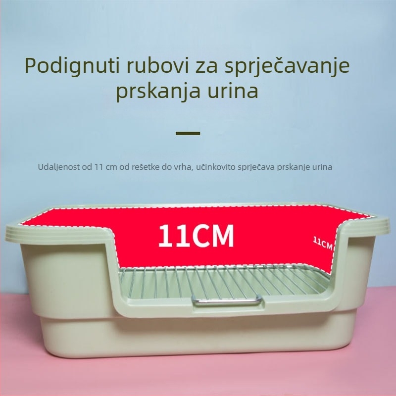 Toalet za pse s plastičnom posudom i metalnom mrežnom konstrukcijom, sprječava prskanje i izlijevanje, pogodna za male i srednje pse.