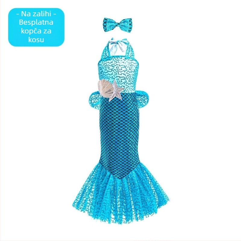 Nova dječja haljina princeza sirena s šljokicama, naramenicama i suknjom s ribjim repom