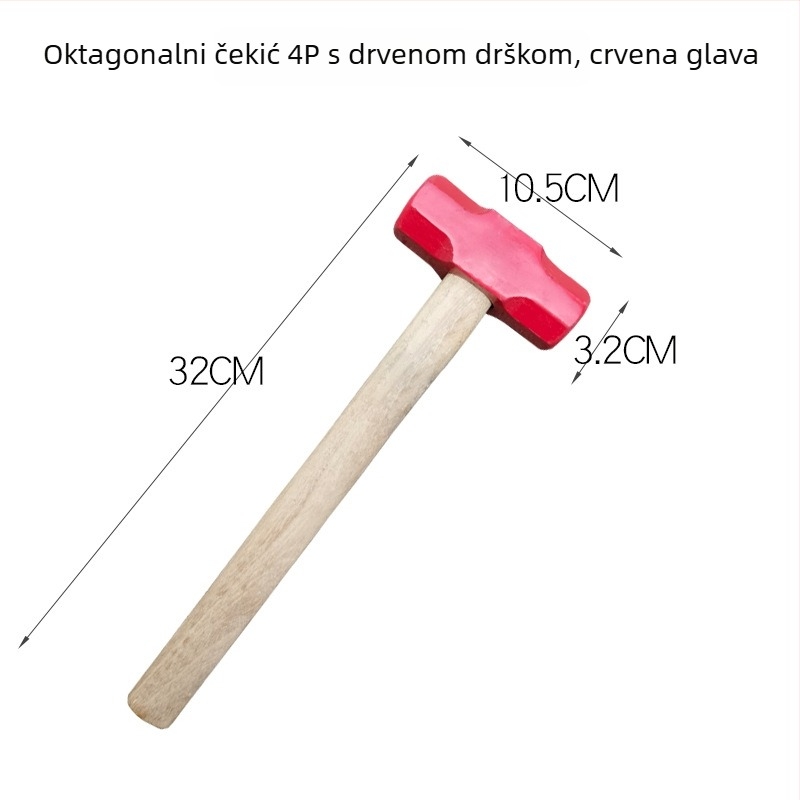 Oktagonalni čekić s glavom od visokougljičnog čelika, drška od drveta i gumena ručka, otporan na udarce