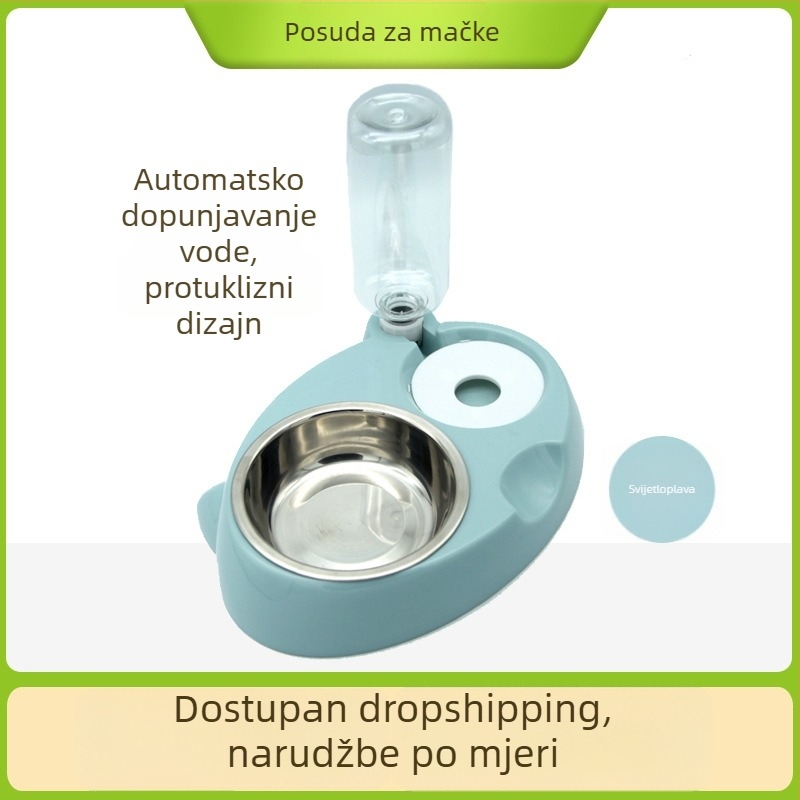 Nova dvostruka posuda za mačke od plastike i nehrđajućeg čelika, s automatskim napajanjem vodom i zdjelom za hranu