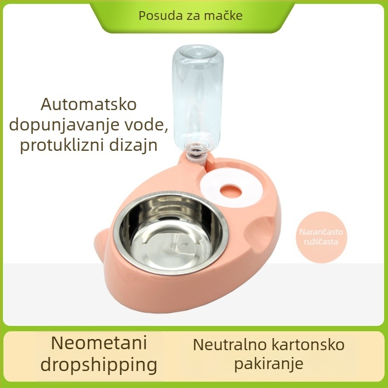 Nova dvostruka posuda za mačke od plastike i nehrđajućeg čelika, s automatskim napajanjem vodom i zdjelom za hranu