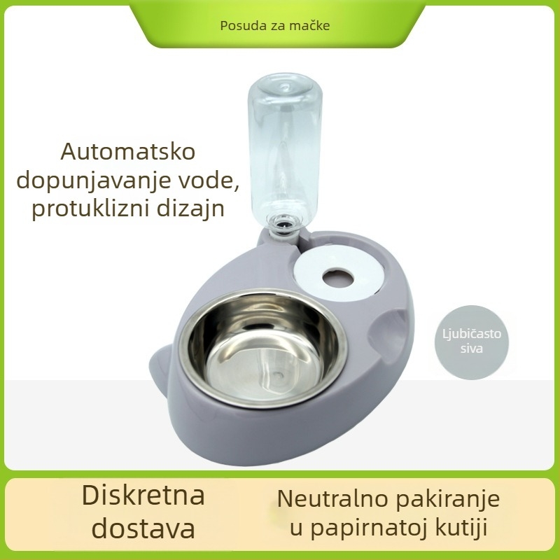 Nova dvostruka posuda za mačke od plastike i nehrđajućeg čelika, s automatskim napajanjem vodom i zdjelom za hranu