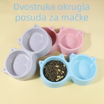 Dvostruka posuda za mačke s licem mačke u makaron bojama — plastični hranilnik i posuda za hranu za mačke, zaštita od prevrnutja