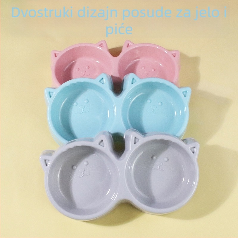 Dvostruka posuda za mačke s licem mačke u makaron bojama — plastični hranilnik i posuda za hranu za mačke, zaštita od prevrnutja