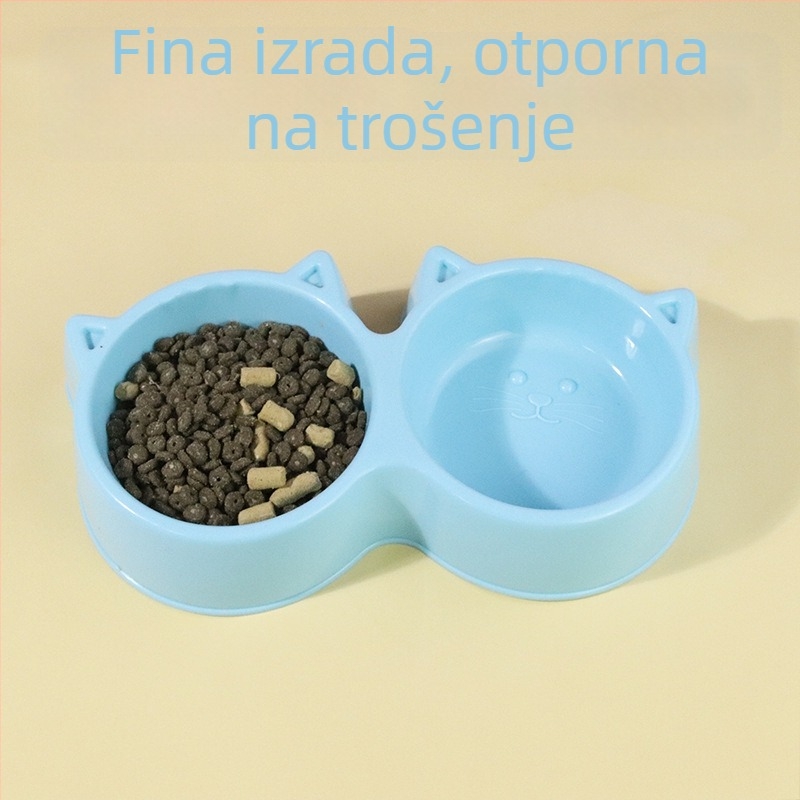 Dvostruka posuda za mačke s licem mačke u makaron bojama — plastični hranilnik i posuda za hranu za mačke, zaštita od prevrnutja