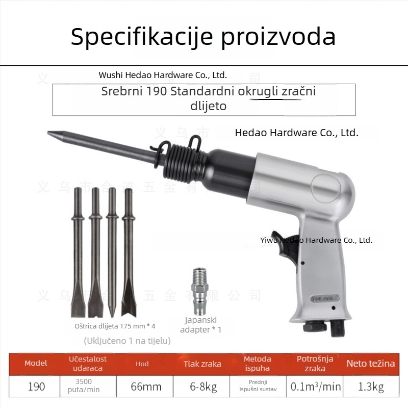 Set pneumatskih čekića s dlijetima, za uklanjanje hrđe, okrugla drška, 150 mm