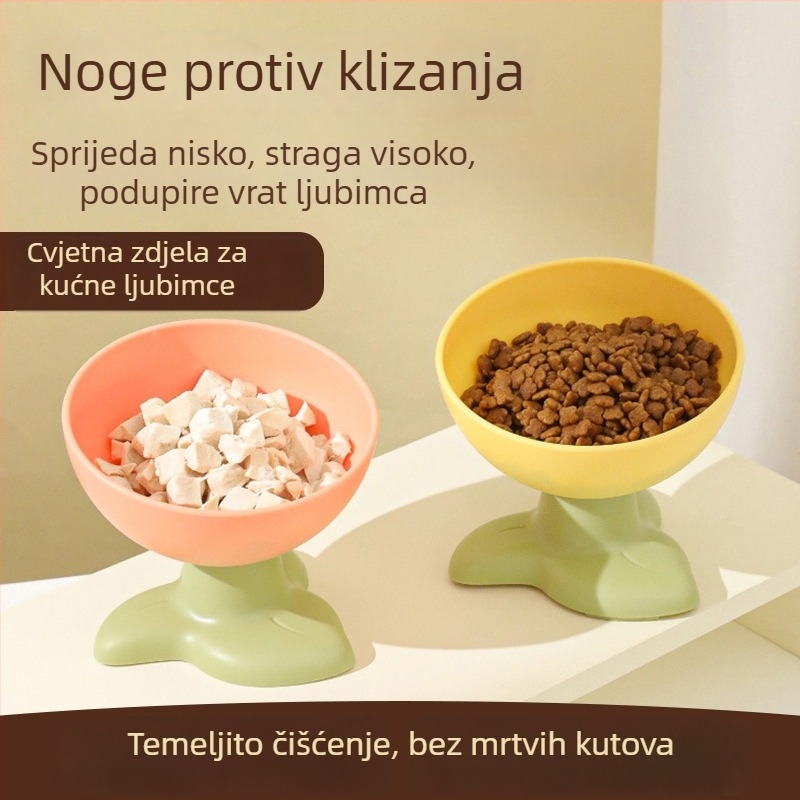 Nova posuda za kućne ljubimce za mačke i pse s zaštitom vrata, protiv prevrtanja, visoka zdjela s dizajnom trolistog cvijeta i nagibom ruba
