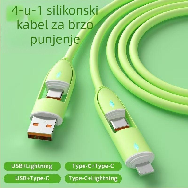 Kabel od tekućeg silikona za brzo punjenje, četiri u jedan, s Lightning i USB-C priključcima, 65W, ljubičasta