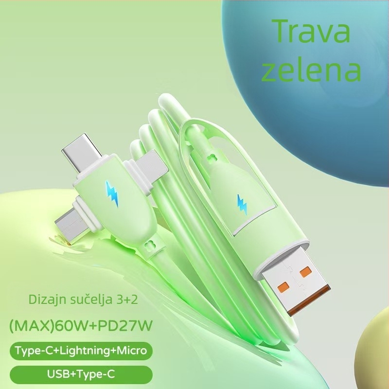 Kabel od tekućeg silikona za brzo punjenje, četiri u jedan, s Lightning i USB-C priključcima, 65W, ljubičasta