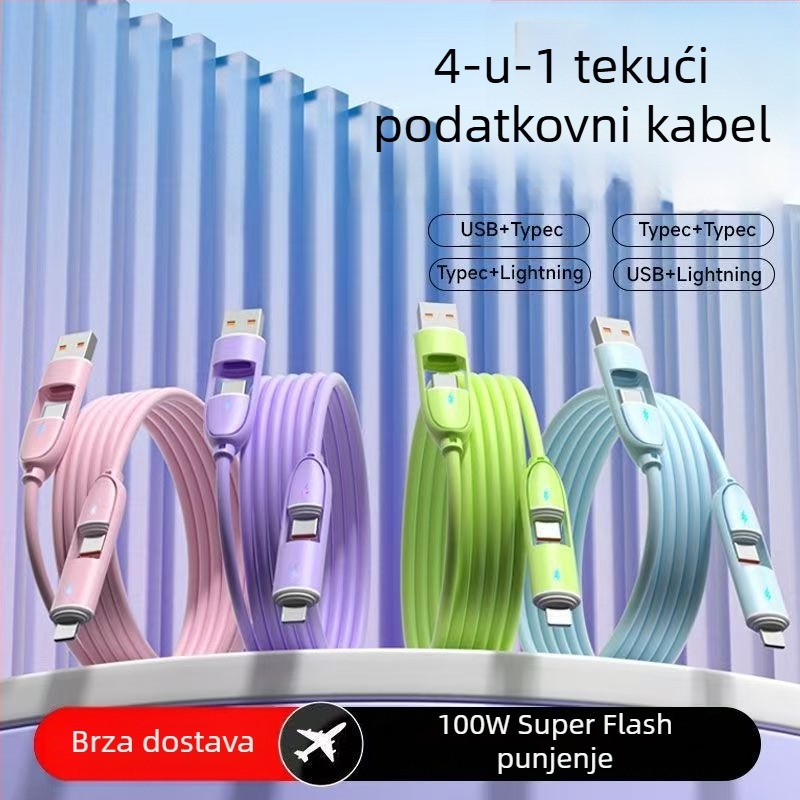 Kabel od tekućeg silikona za brzo punjenje, četiri u jedan, s Lightning i USB-C priključcima, 65W, ljubičasta