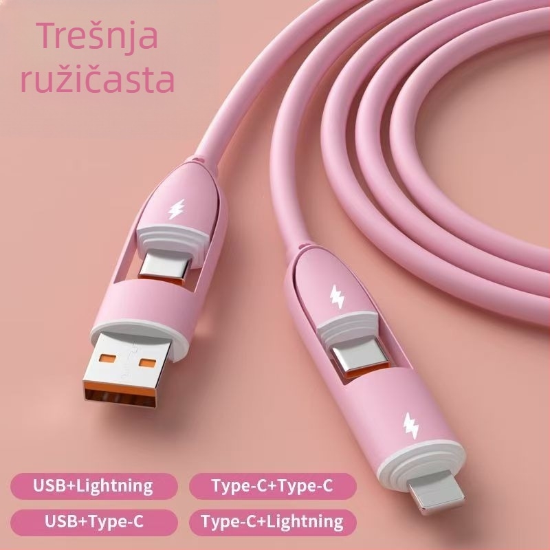 Kabel od tekućeg silikona za brzo punjenje, četiri u jedan, s Lightning i USB-C priključcima, 65W, ljubičasta